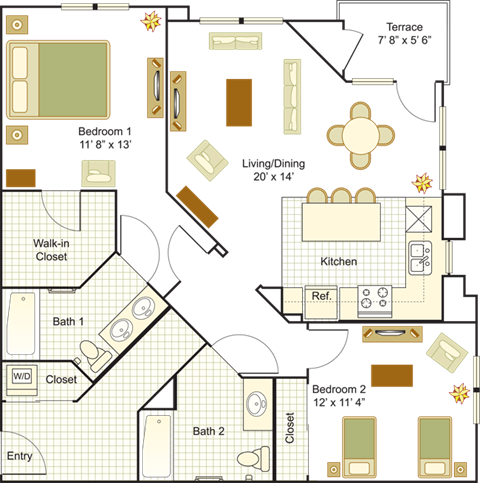 Floor plan for 2 beds, 2 baths, 1096 sqft